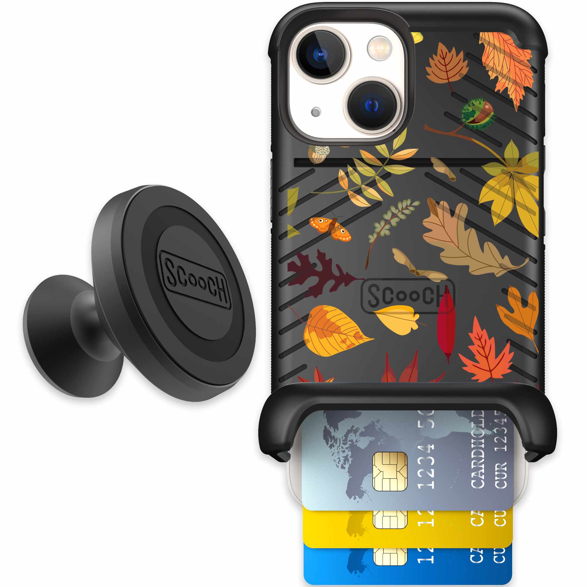 Autumn Leaves multicolored fall foliage pattern on a charcoal Scooch Wingmate case for iPhone 13 mini - Starter Bundle