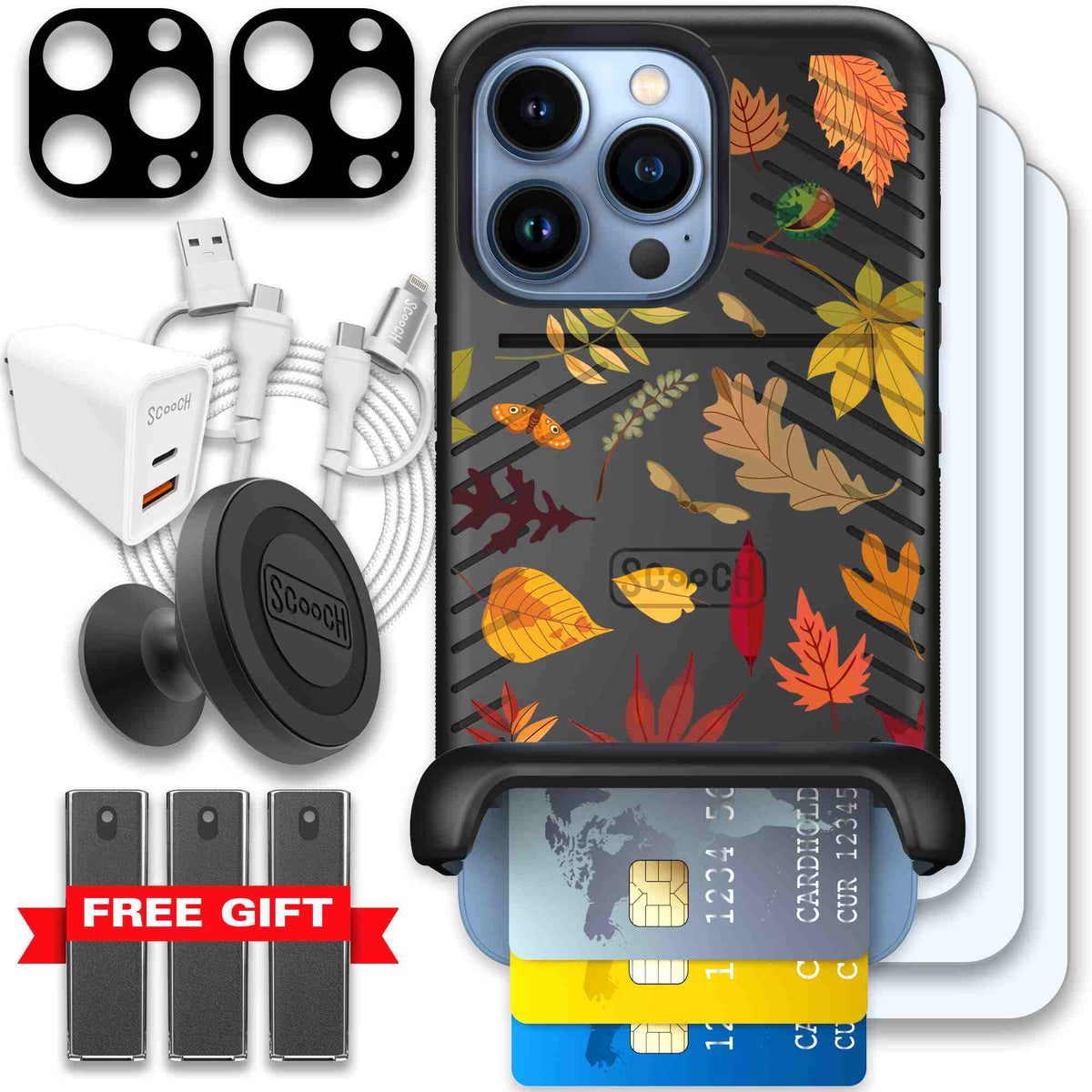 Autumn Leaves multicolored fall foliage pattern on a charcoal Scooch Wingmate case for iPhone 13 Pro - Ultimate Bundle