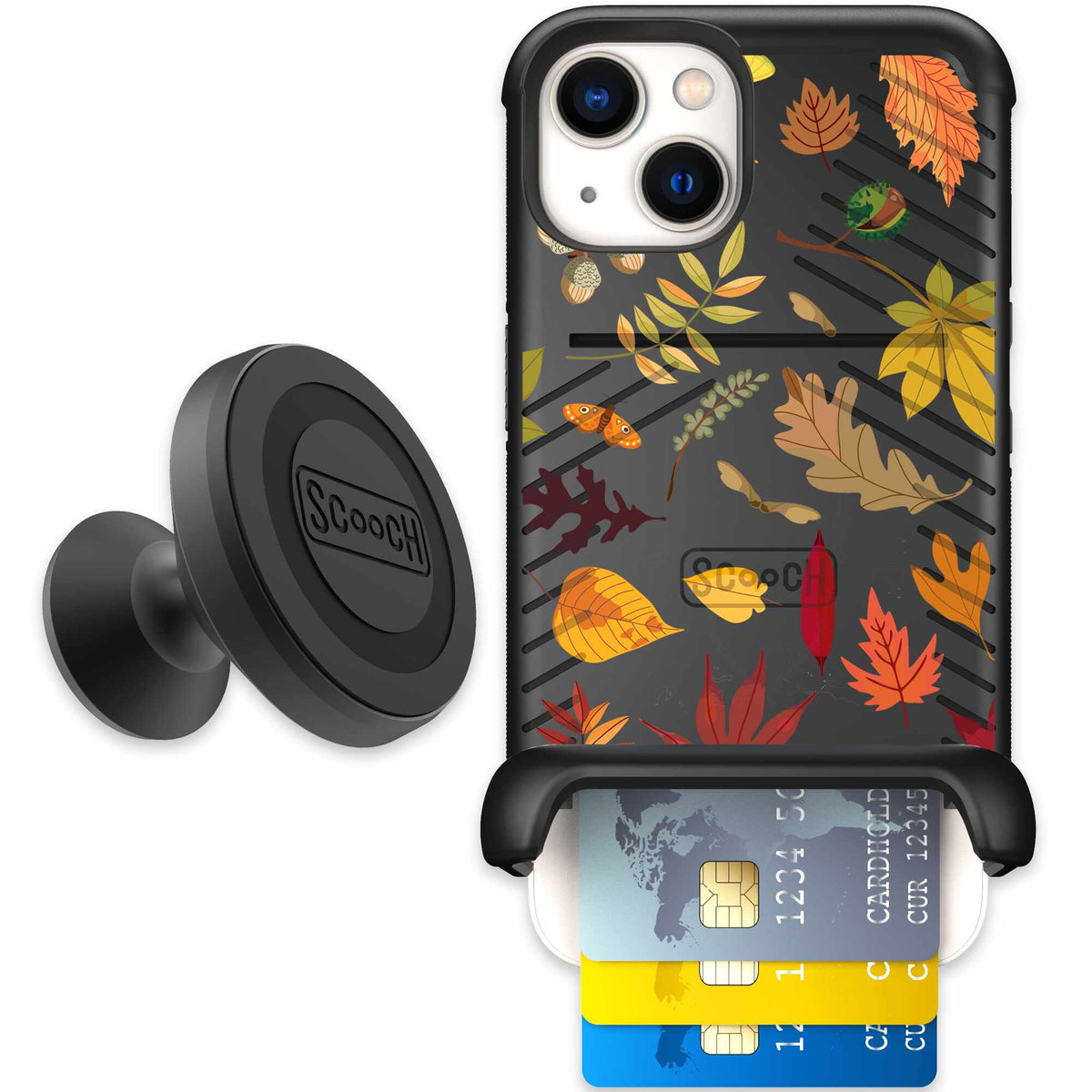 Autumn Leaves multicolored fall foliage pattern on a charcoal Scooch Wingmate case for iPhone 13 - Starter Bundle