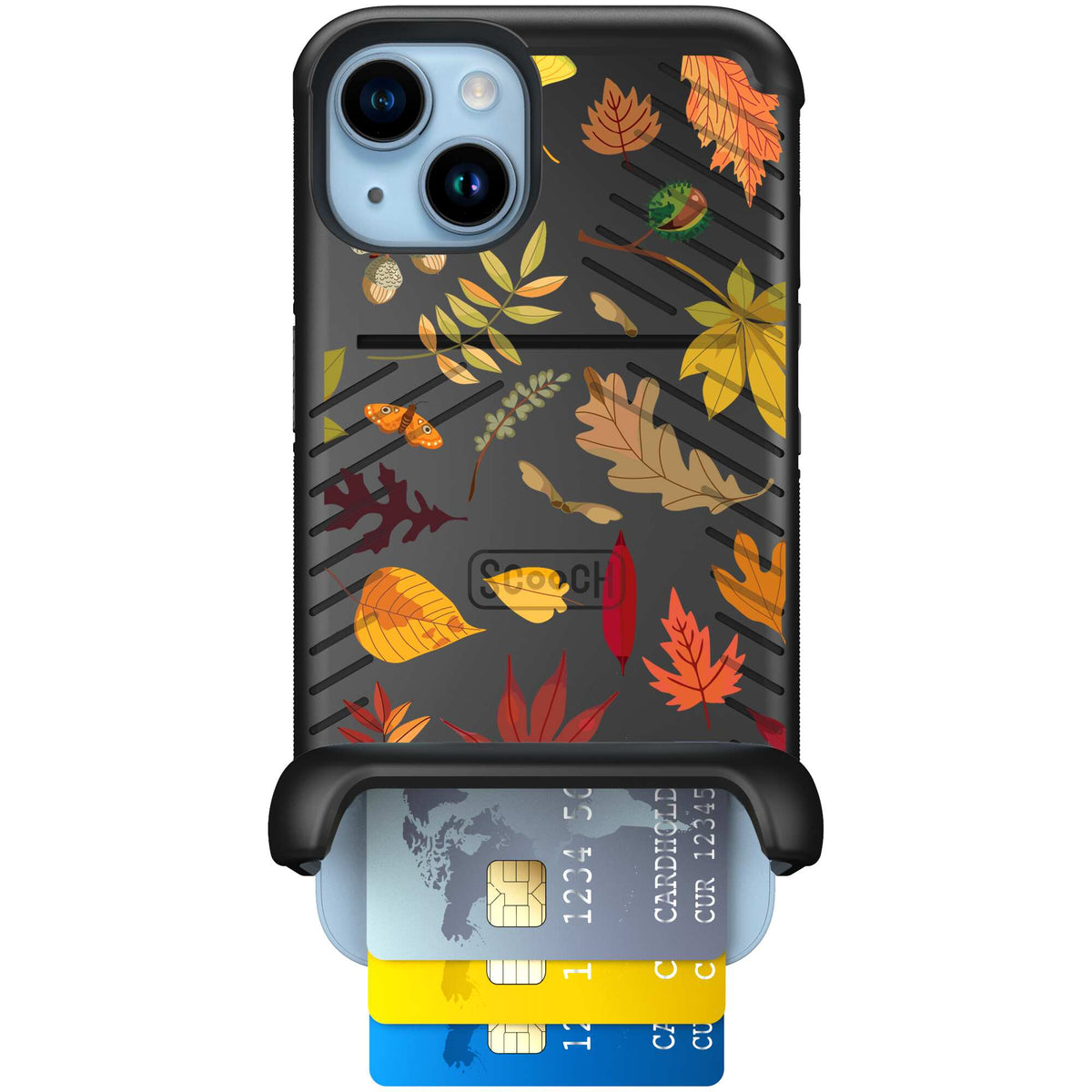 Autumn Leaves multicolored fall foliage pattern on a charcoal Scooch Wingmate case for iPhone 14