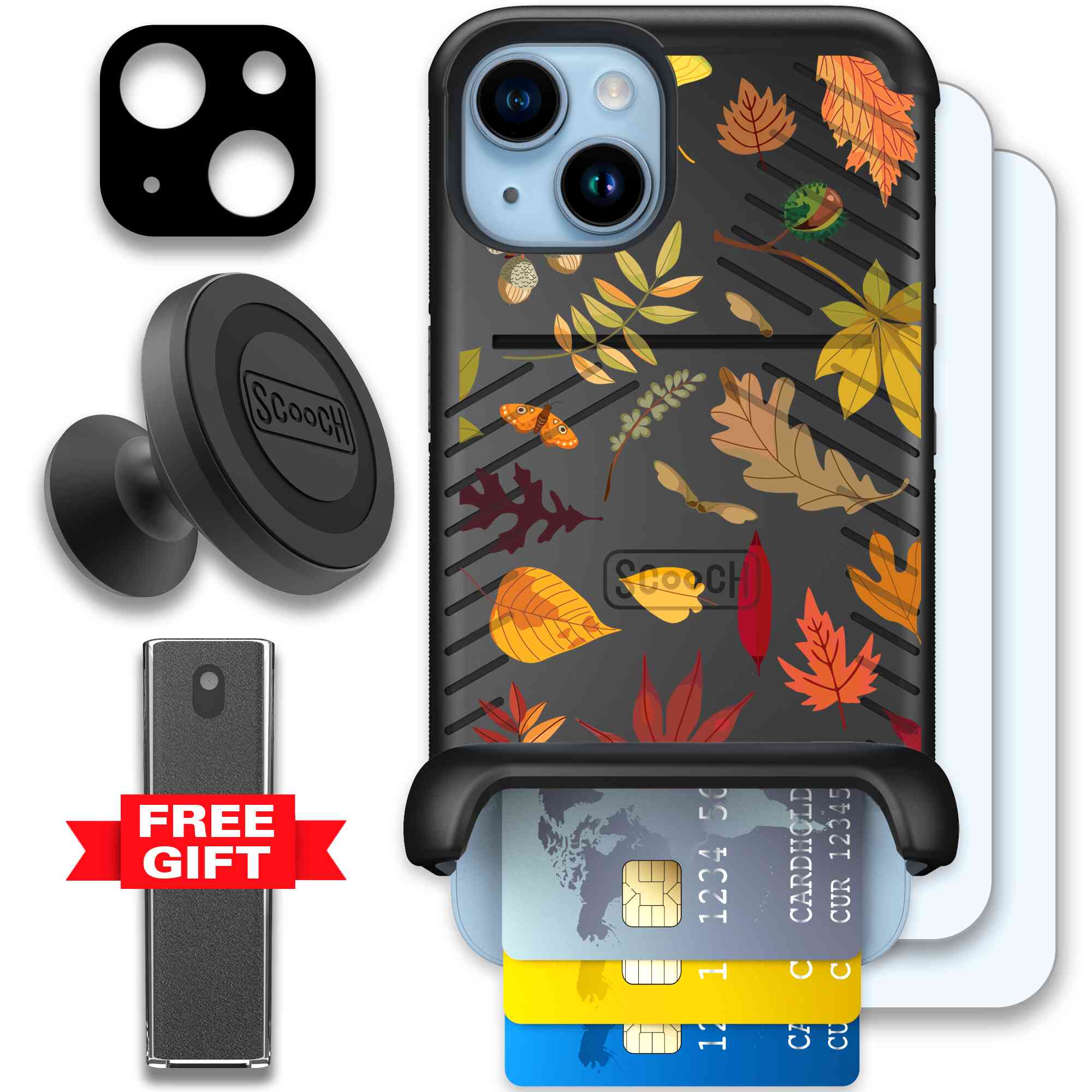 Autumn Leaves multicolored fall foliage pattern on a charcoal Scooch Wingmate case for iPhone 14 - Defender Bundle
