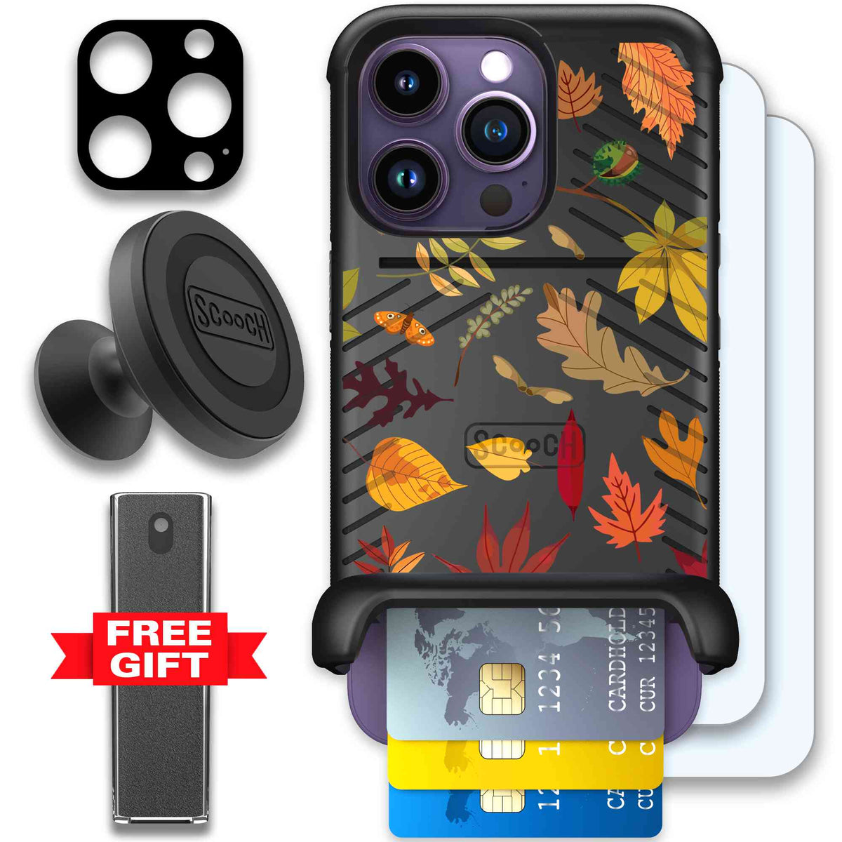 Autumn Leaves multicolored fall foliage pattern on a charcoal Scooch Wingmate case for iPhone 14 Pro - Defender Bundle
