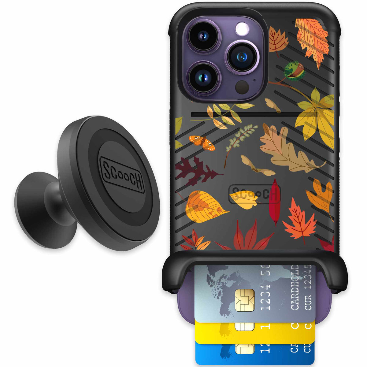Autumn Leaves multicolored fall foliage pattern on a charcoal Scooch Wingmate case for iPhone 14 Pro - Starter Bundle