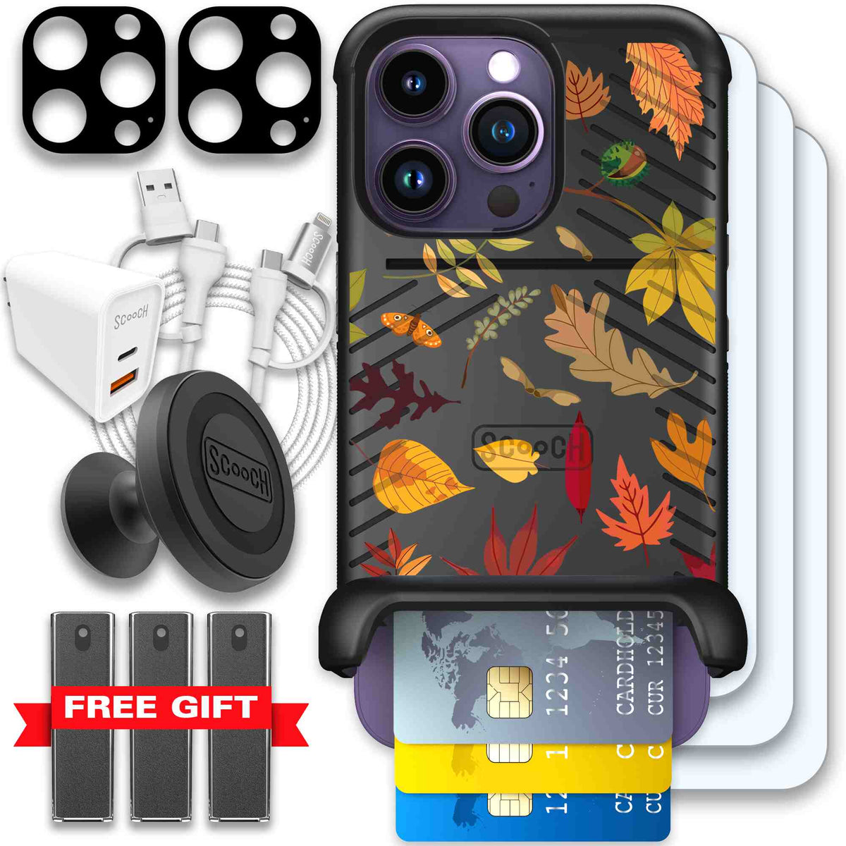 Autumn Leaves multicolored fall foliage pattern on a charcoal Scooch Wingmate case for iPhone 14 Pro - Ultimate Bundle