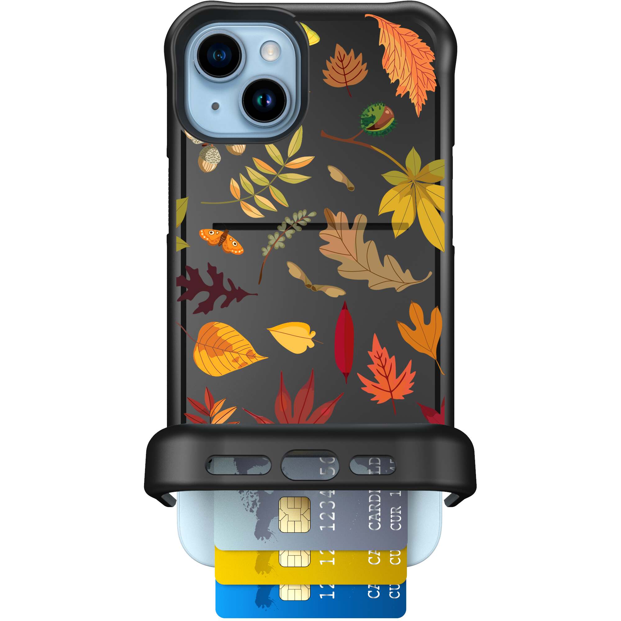 Autumn Leaves multicolored fall foliage pattern on a charcoal Scooch Wingmate case for iPhone 15 Plus
