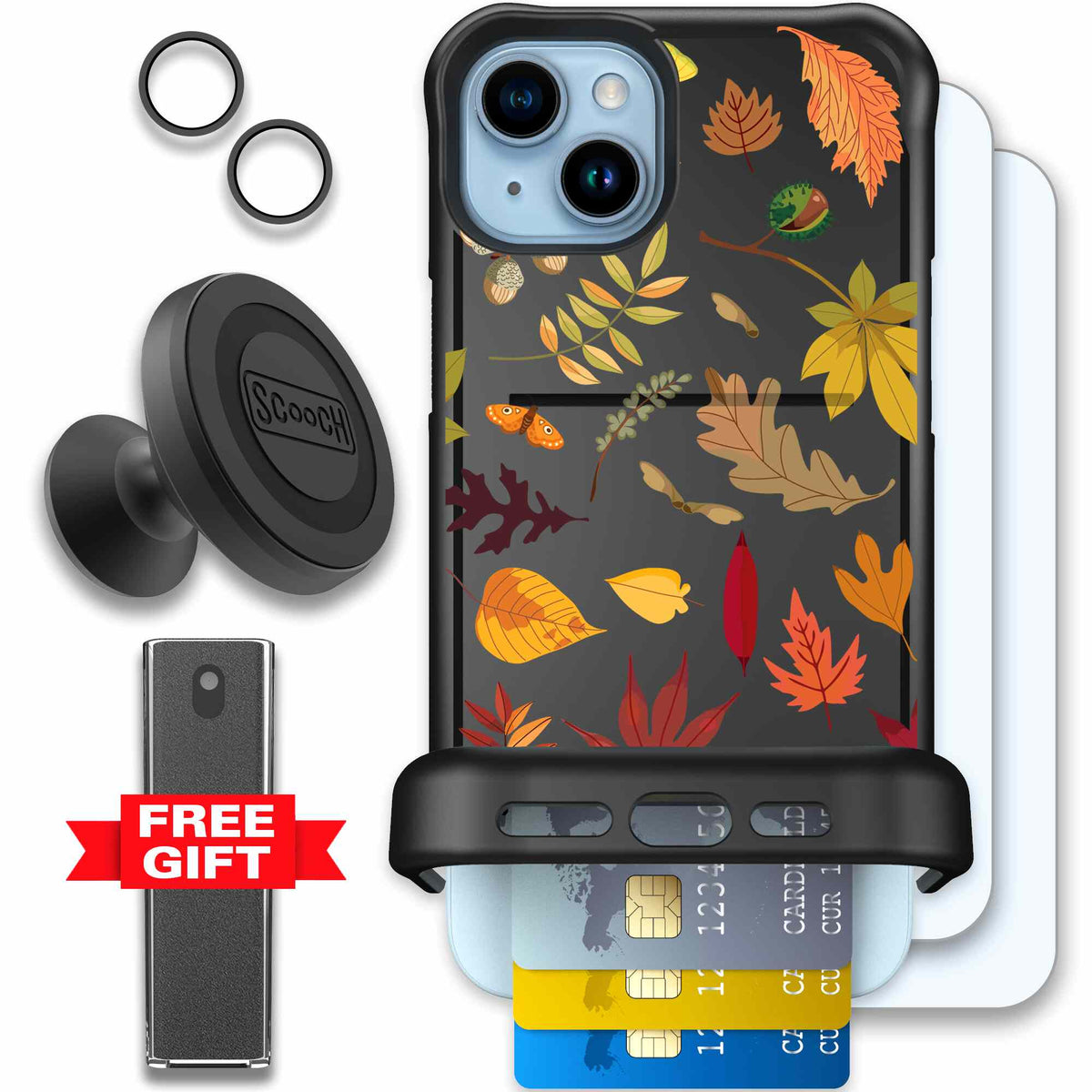 Autumn Leaves multicolored fall foliage pattern on a charcoal Scooch Wingmate case for iPhone 15 Plus - Defender Bundle