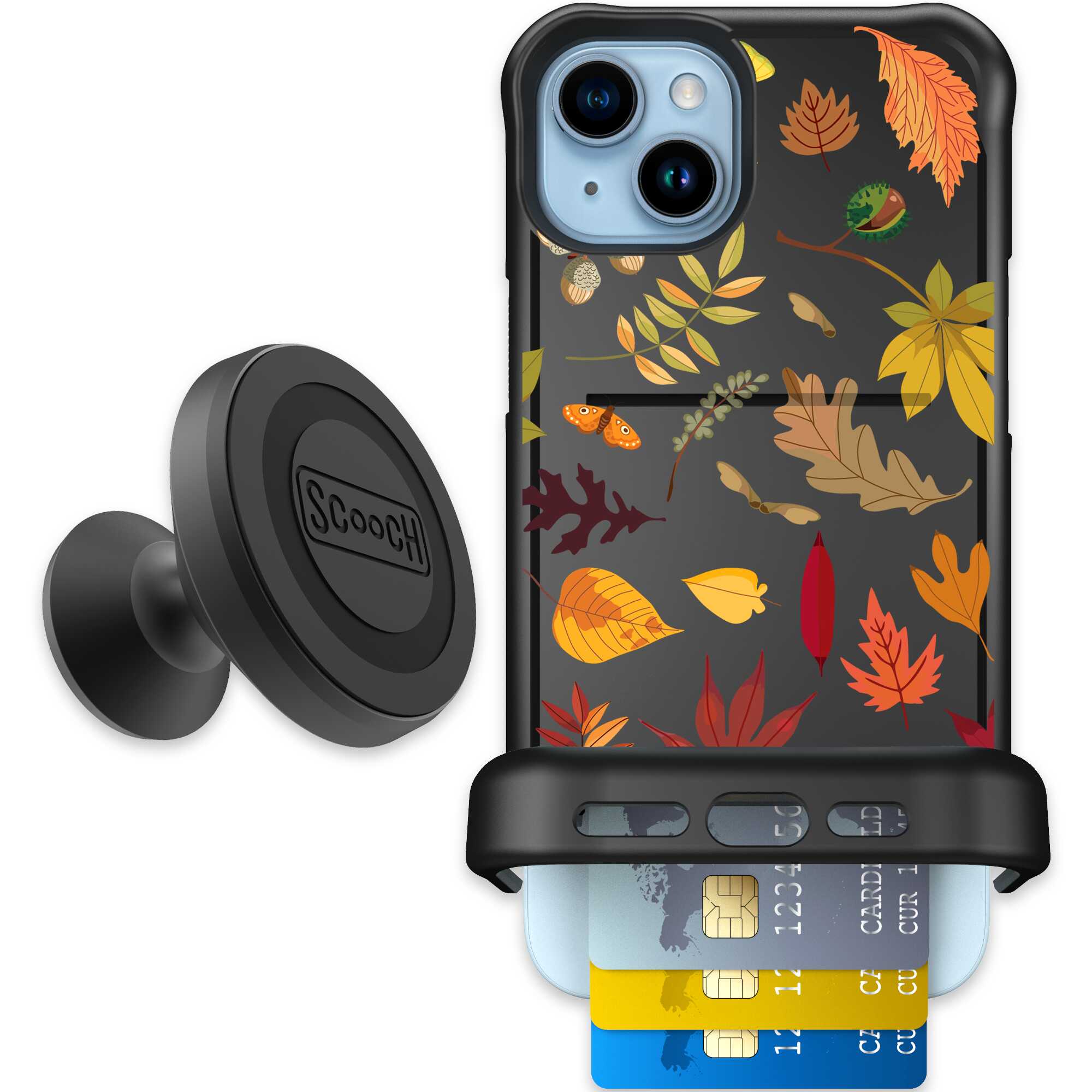 Autumn Leaves multicolored fall foliage pattern on a charcoal Scooch Wingmate case for iPhone 15 Plus - Starter Bundle