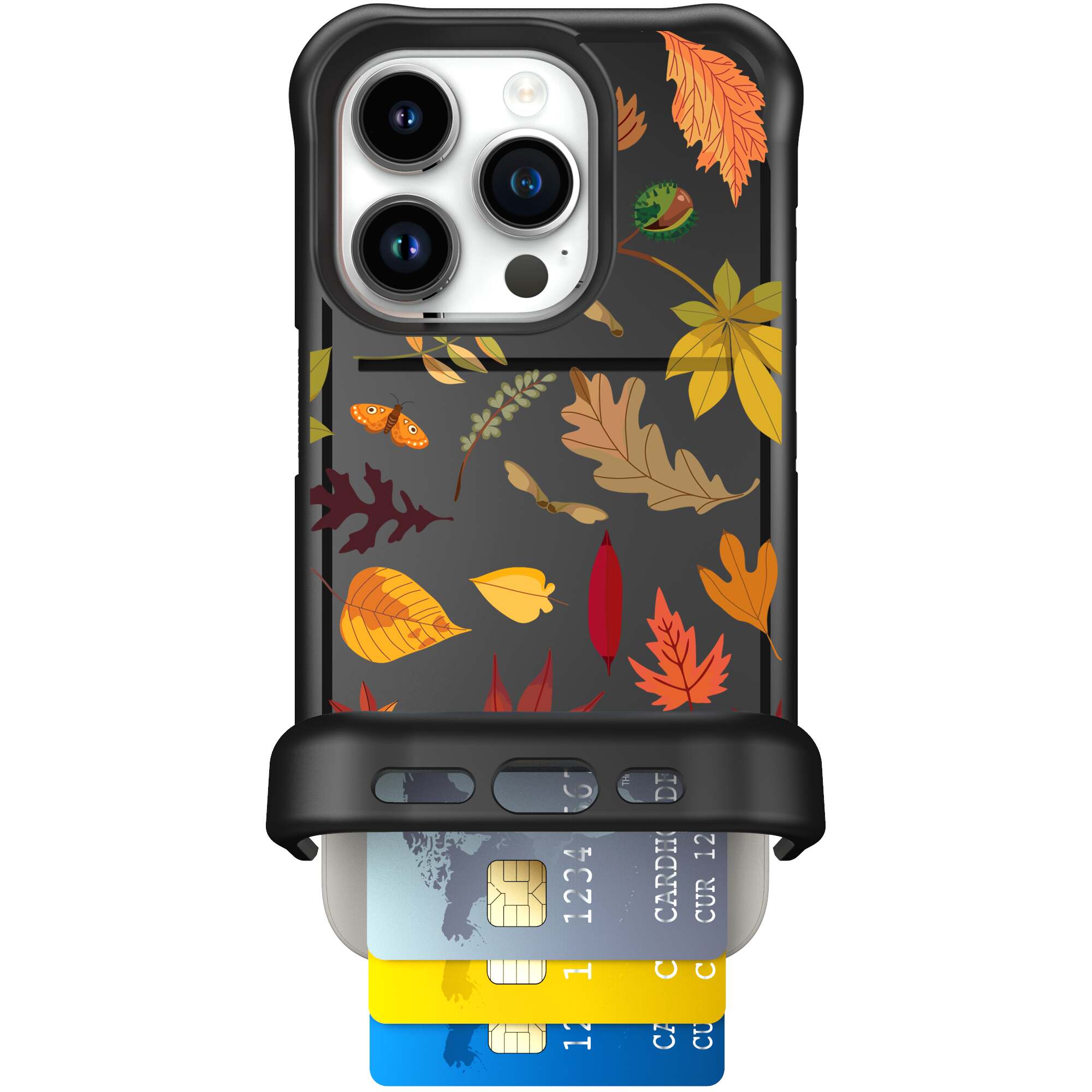 Autumn Leaves multicolored fall foliage pattern on a charcoal Scooch Wingmate case for iPhone 15 Pro