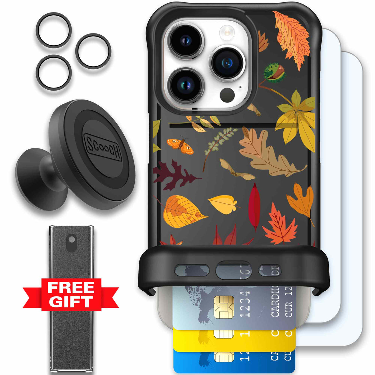 Autumn Leaves multicolored fall foliage pattern on a charcoal Scooch Wingmate case for iPhone 15 Pro - Defender Bundle