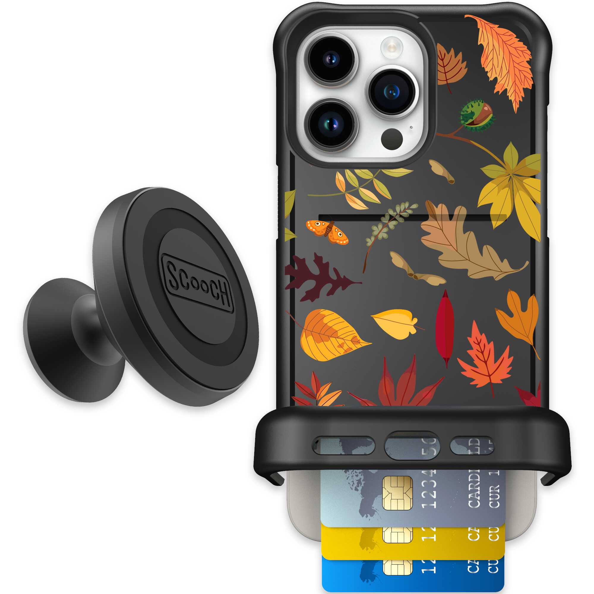 Autumn Leaves multicolored fall foliage pattern on a charcoal Scooch Wingmate case for iPhone 15 Pro Max - Starter Bundle