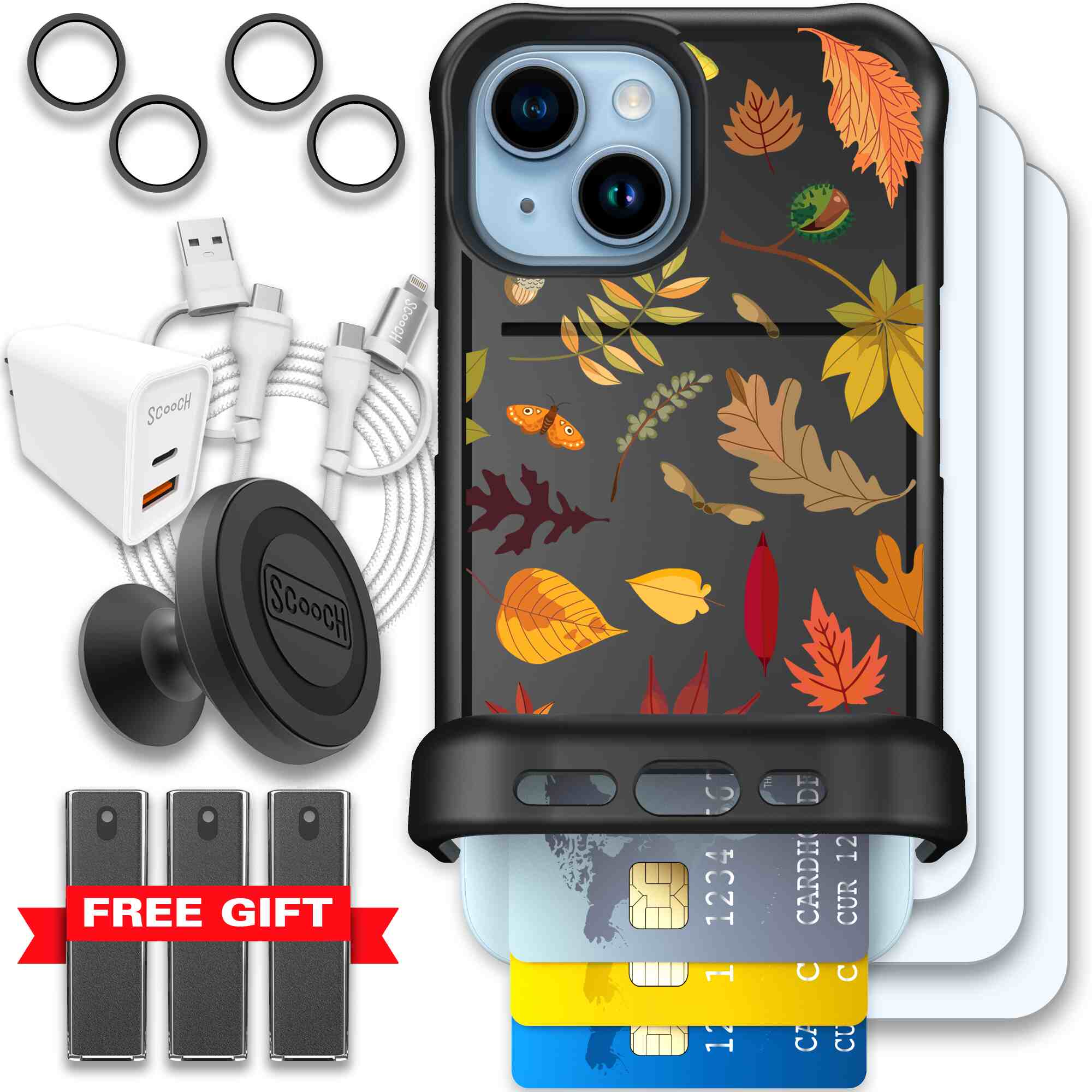 Autumn Leaves multicolored fall foliage pattern on a charcoal Scooch Wingmate case for iPhone 15 - Ultimate Bundle