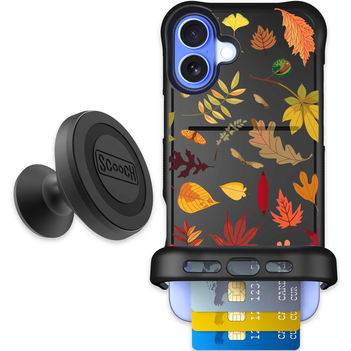 Autumn Leaves multicolored fall foliage pattern on a charcoal Scooch Wingmate case for iPhone 16 Plus - Starter Bundle