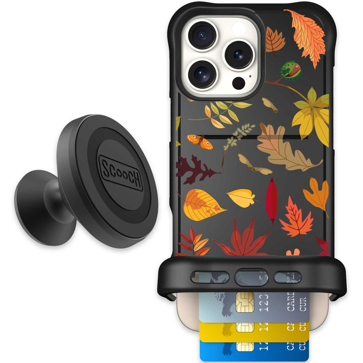 Autumn Leaves multicolored fall foliage pattern on a charcoal Scooch Wingmate case for iPhone 16 Pro Max - Starter Bundle