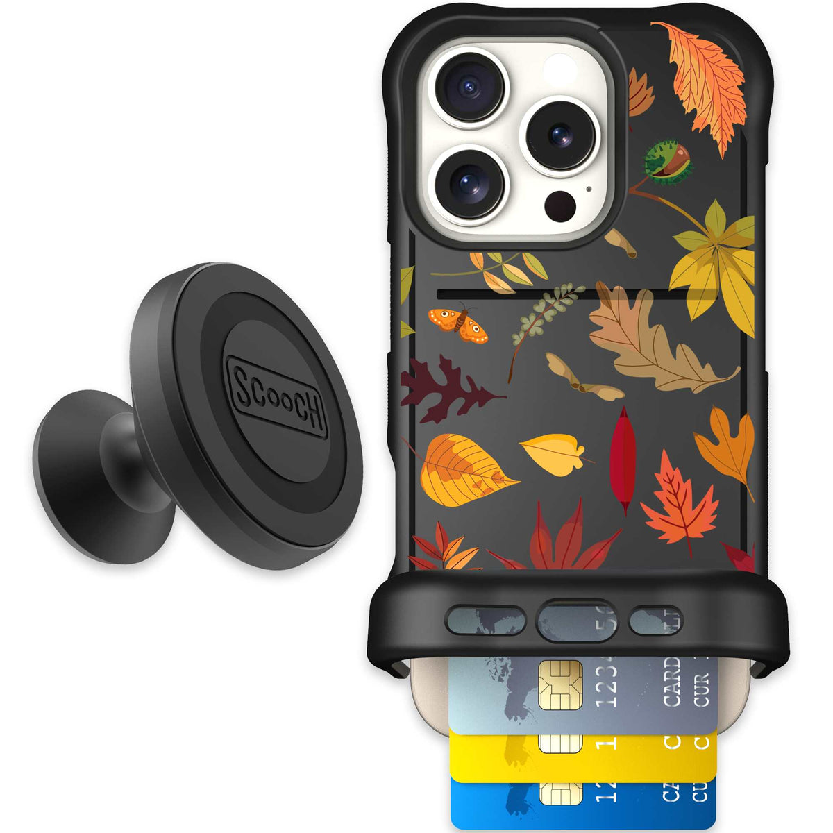 Autumn Leaves multicolored fall foliage pattern on a charcoal Scooch Wingmate case for iPhone 16 Pro - Starter Bundle