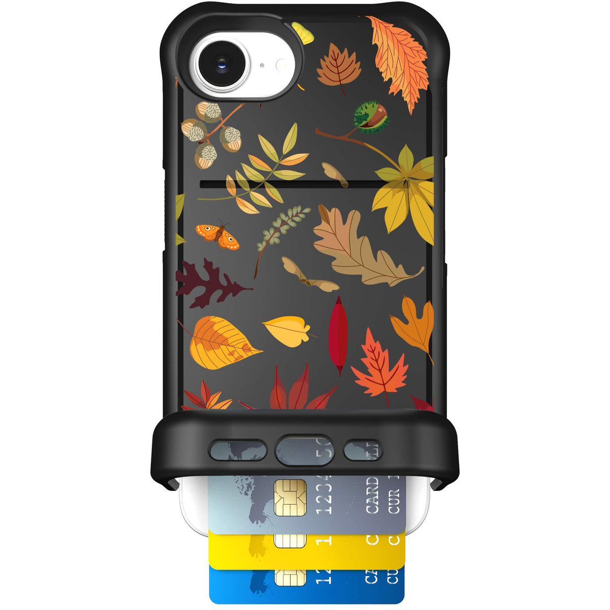 Autumn Leaves multicolored fall foliage pattern on a charcoal Scooch Wingmate case for iPhone 17e