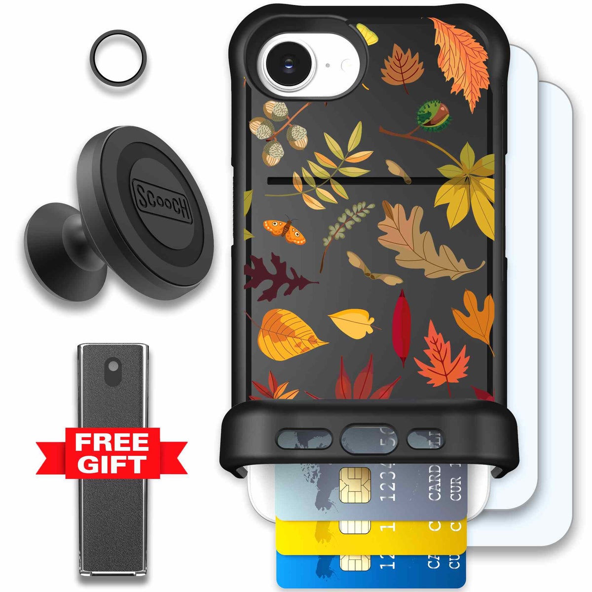 Autumn Leaves multicolored fall foliage pattern on a charcoal Scooch Wingmate case for iPhone 17e - Defender Bundle