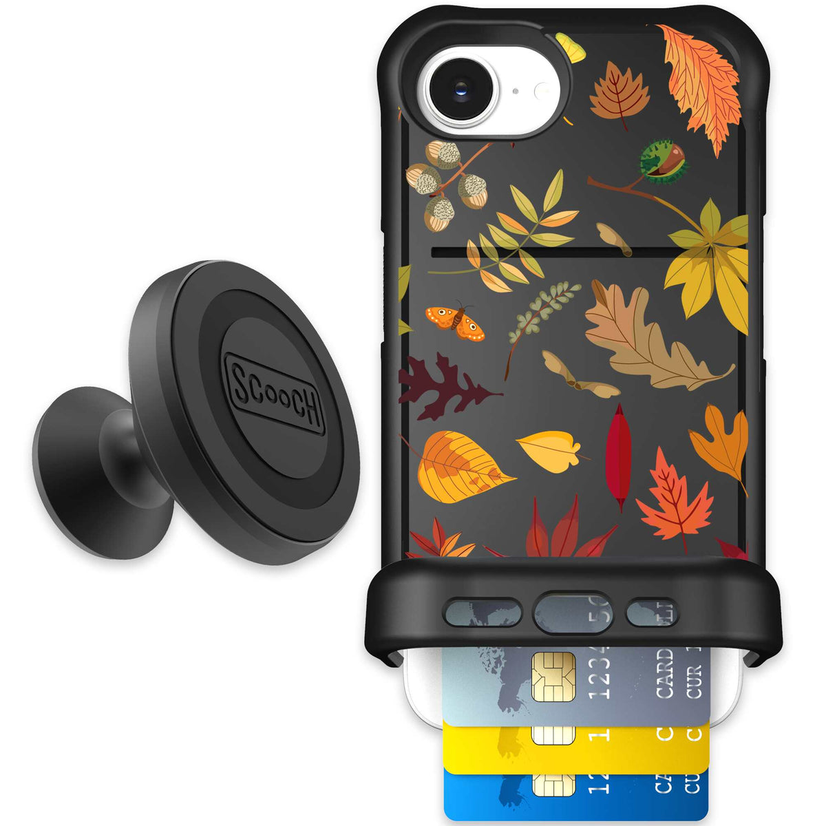 Autumn Leaves multicolored fall foliage pattern on a charcoal Scooch Wingmate case for iPhone 17e - Starter Bundle