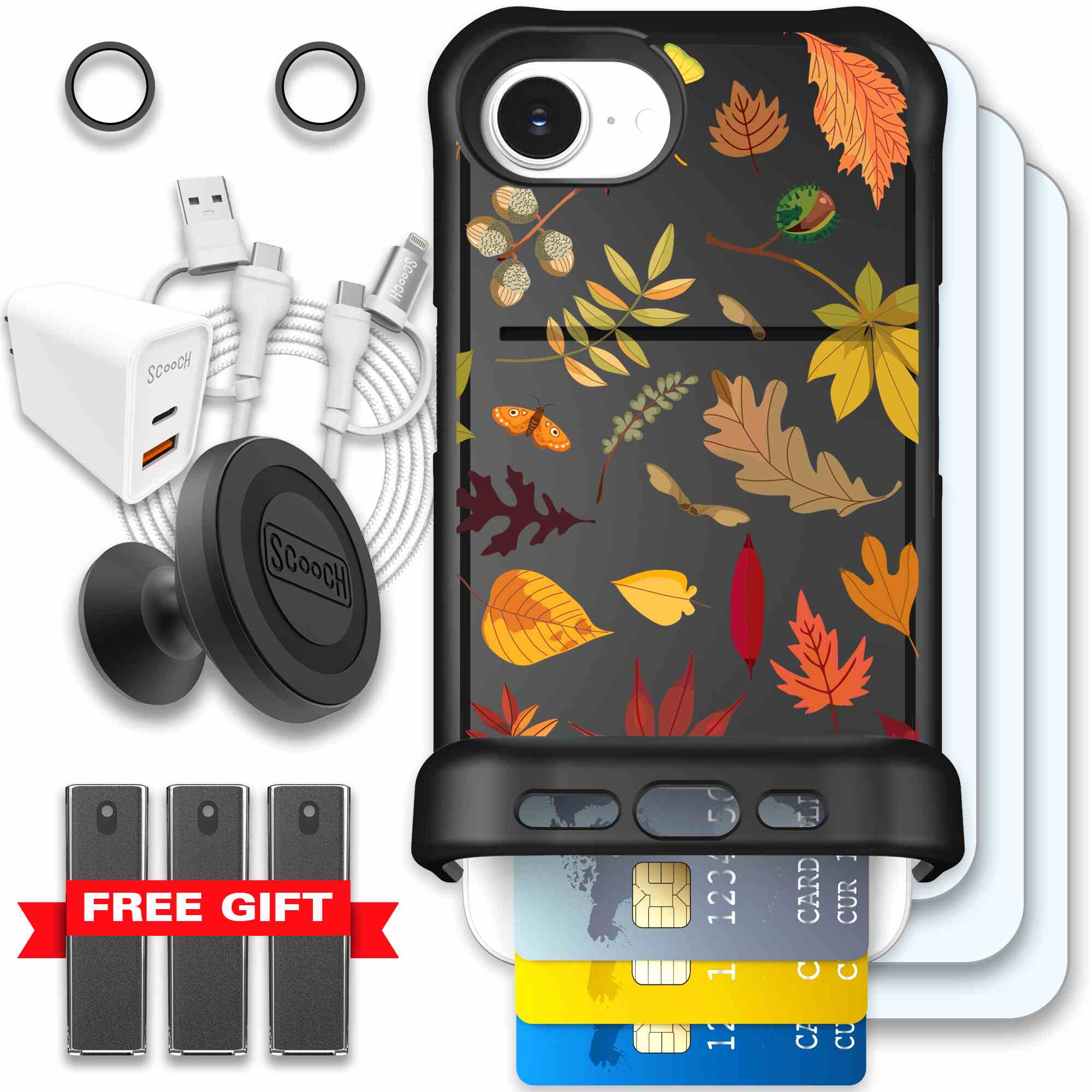 Autumn Leaves multicolored fall foliage pattern on a charcoal Scooch Wingmate case for iPhone 17e - Ultimate Bundle