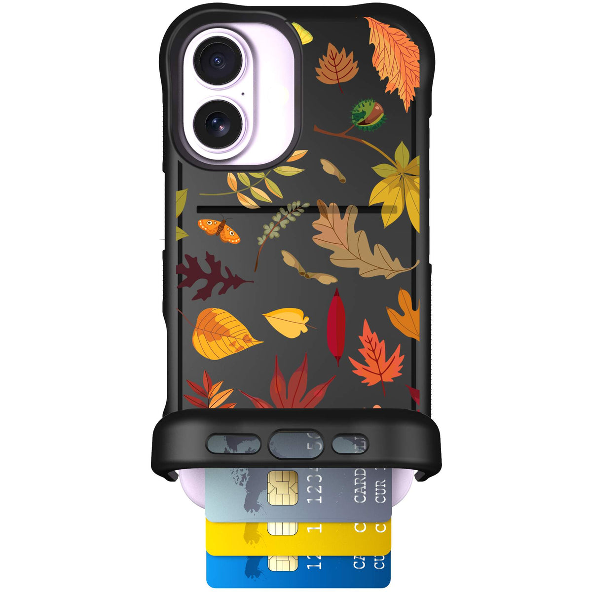 Autumn Leaves multicolored fall foliage pattern on a charcoal Scooch Wingmate case for iPhone 17
