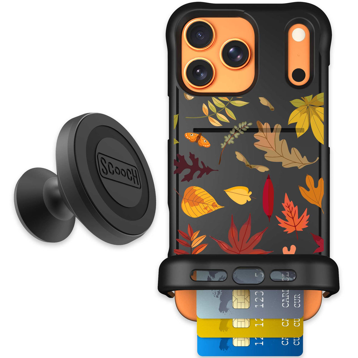 Autumn Leaves multicolored fall foliage pattern on a charcoal Scooch Wingmate case for iPhone 17 Pro Max - Starter Bundle