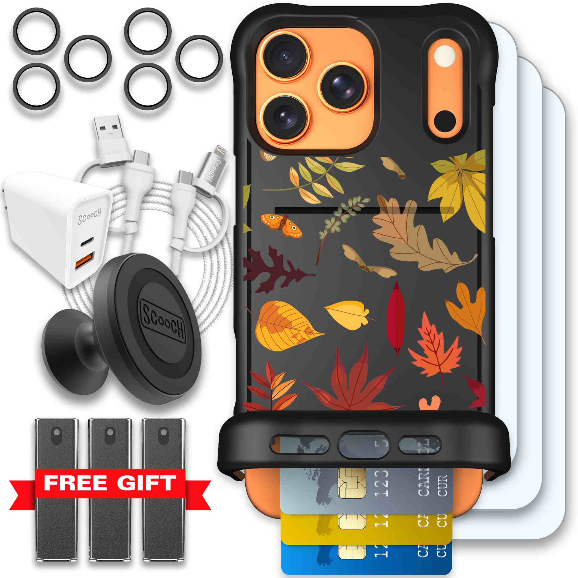 Autumn Leaves multicolored fall foliage pattern on a charcoal Scooch Wingmate case for iPhone 17 Pro Max - Ultimate Bundle