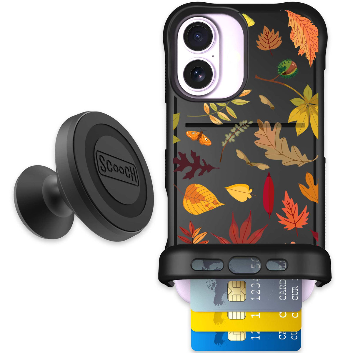 Autumn Leaves multicolored fall foliage pattern on a charcoal Scooch Wingmate case for iPhone 17 - Starter Bundle