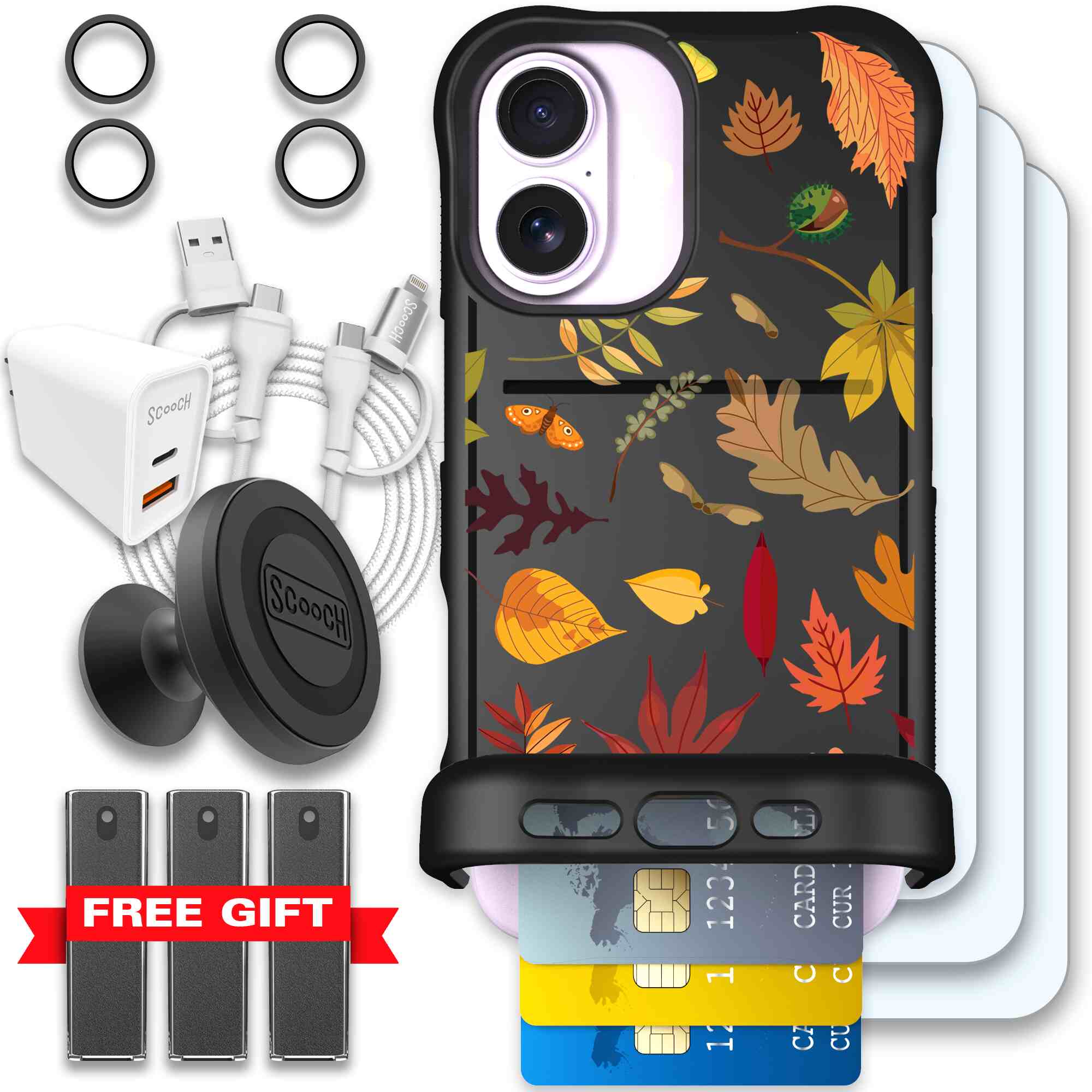Autumn Leaves multicolored fall foliage pattern on a charcoal Scooch Wingmate case for iPhone 17 - Ultimate Bundle