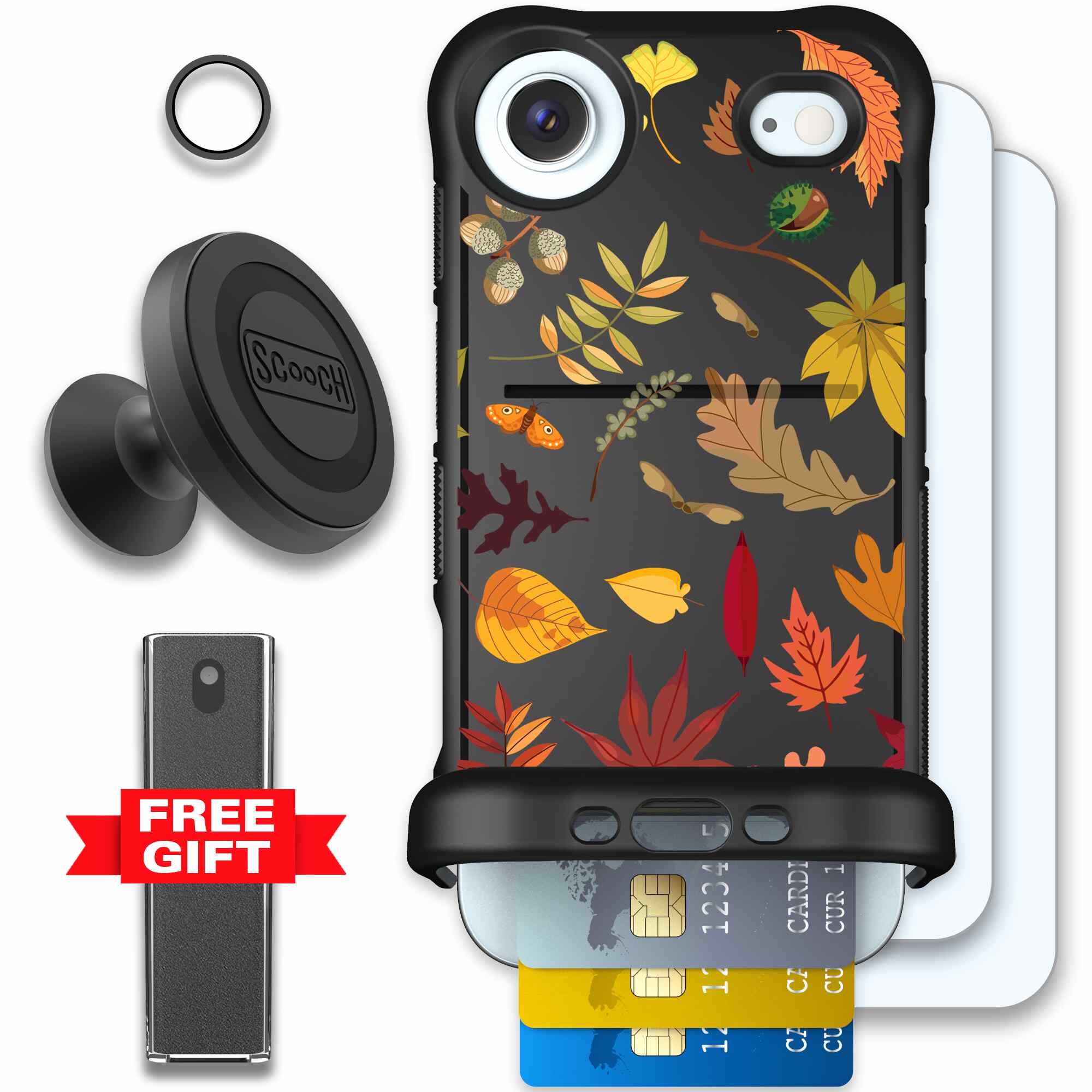 Autumn Leaves multicolored fall foliage pattern on a charcoal Scooch Wingmate case for iPhone Air - Defender Bundle