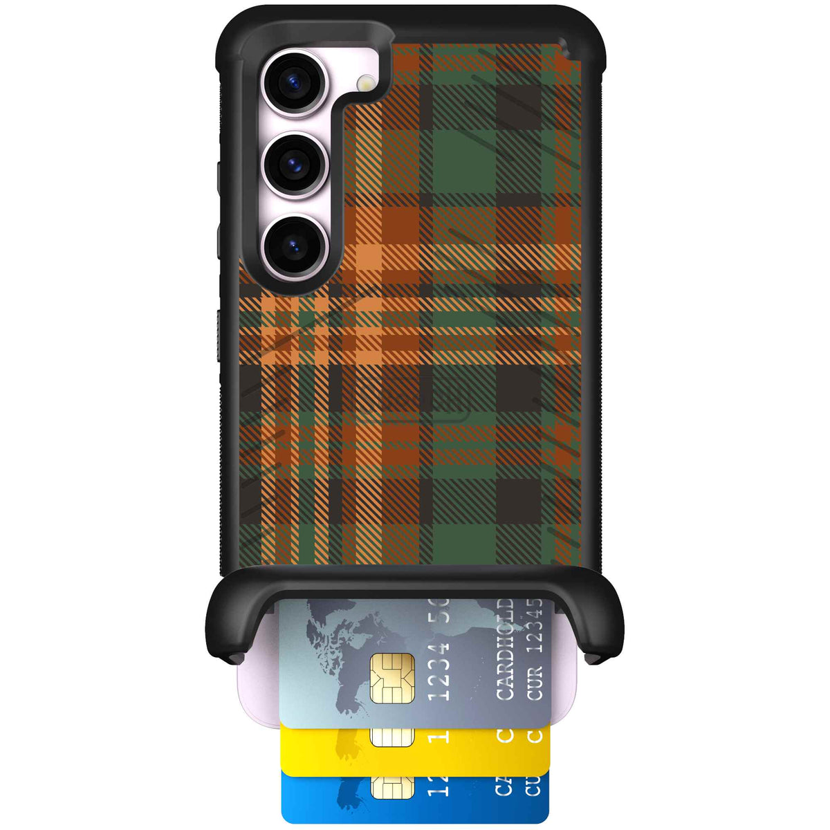 Fall Flannel orange and brown plaid pattern on a Scooch Wingmate case for Galaxy S23