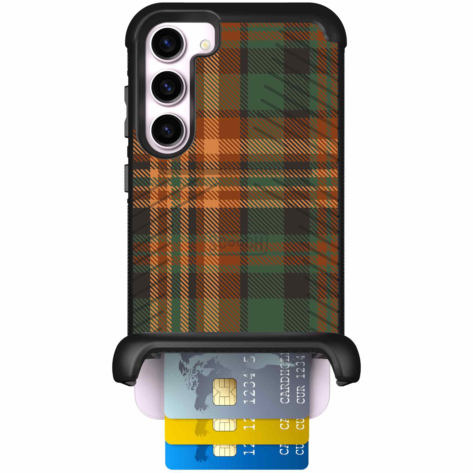 Fall Flannel orange and brown plaid pattern on a Scooch Wingmate case for Galaxy S23+