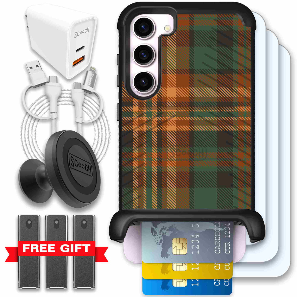 Fall Flannel orange and brown plaid pattern on a Scooch Wingmate case for Galaxy S23+ - Ultimate Bundle