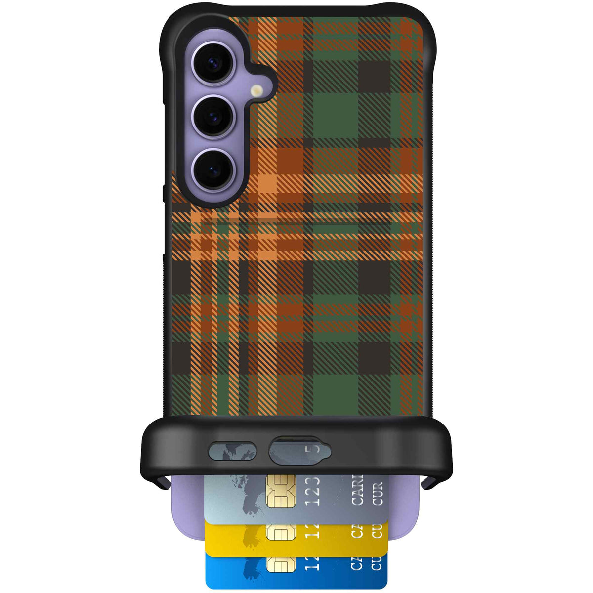 Fall Flannel orange and brown plaid pattern on a Scooch Wingmate case for Galaxy S24+