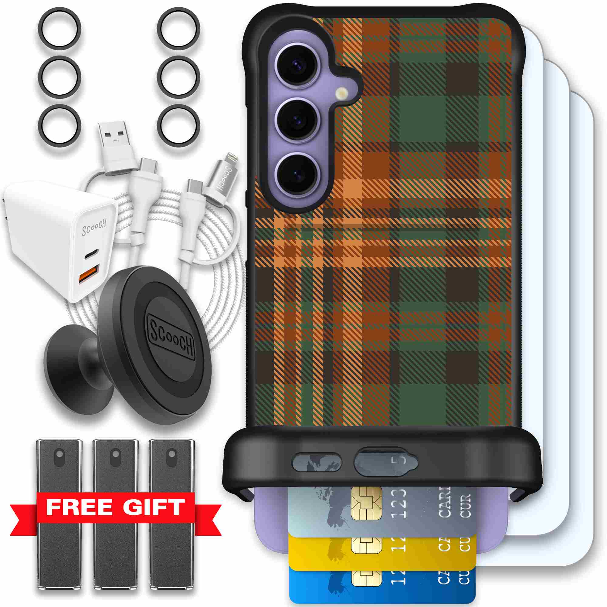 Fall Flannel orange and brown plaid pattern on a Scooch Wingmate case for Galaxy S24+ - Ultimate Bundle