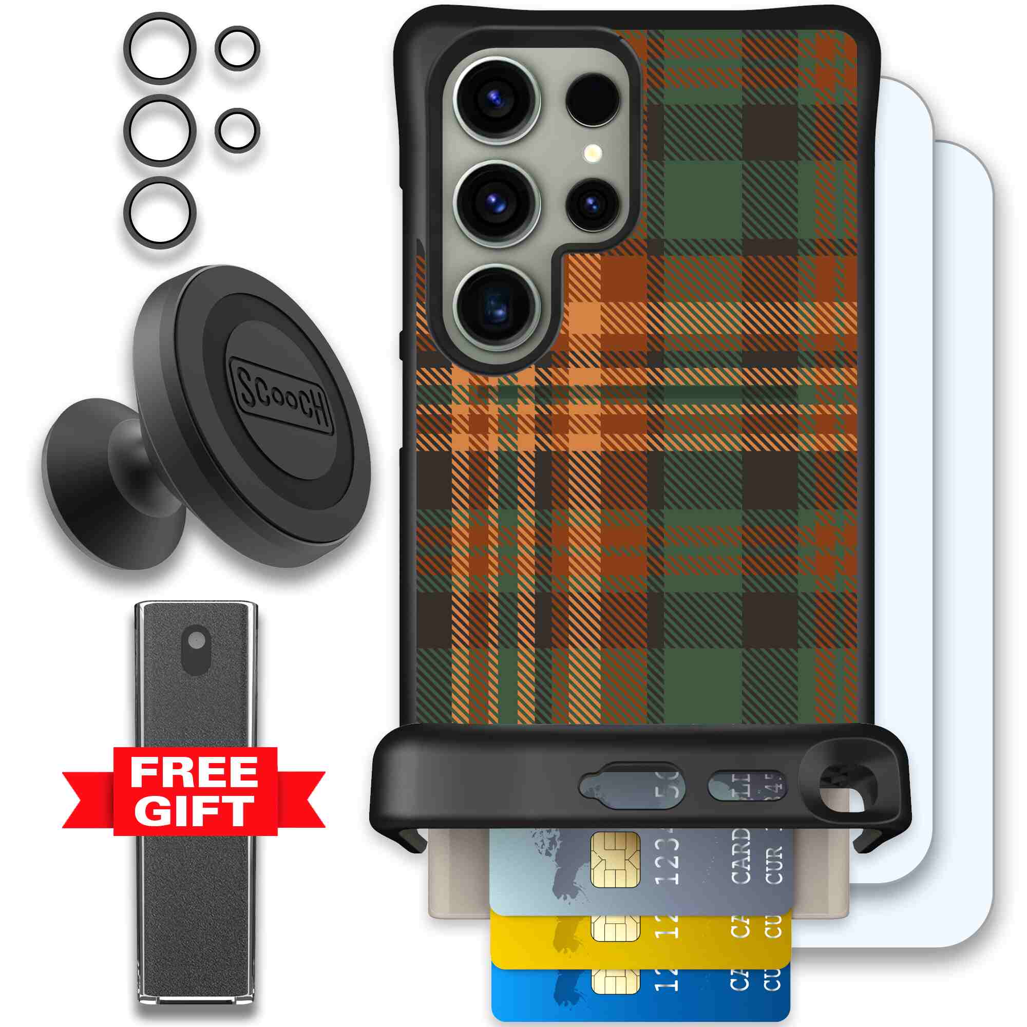 Fall Flannel orange and brown plaid pattern on a Scooch Wingmate case for Galaxy S24 Ultra - Defender Bundle