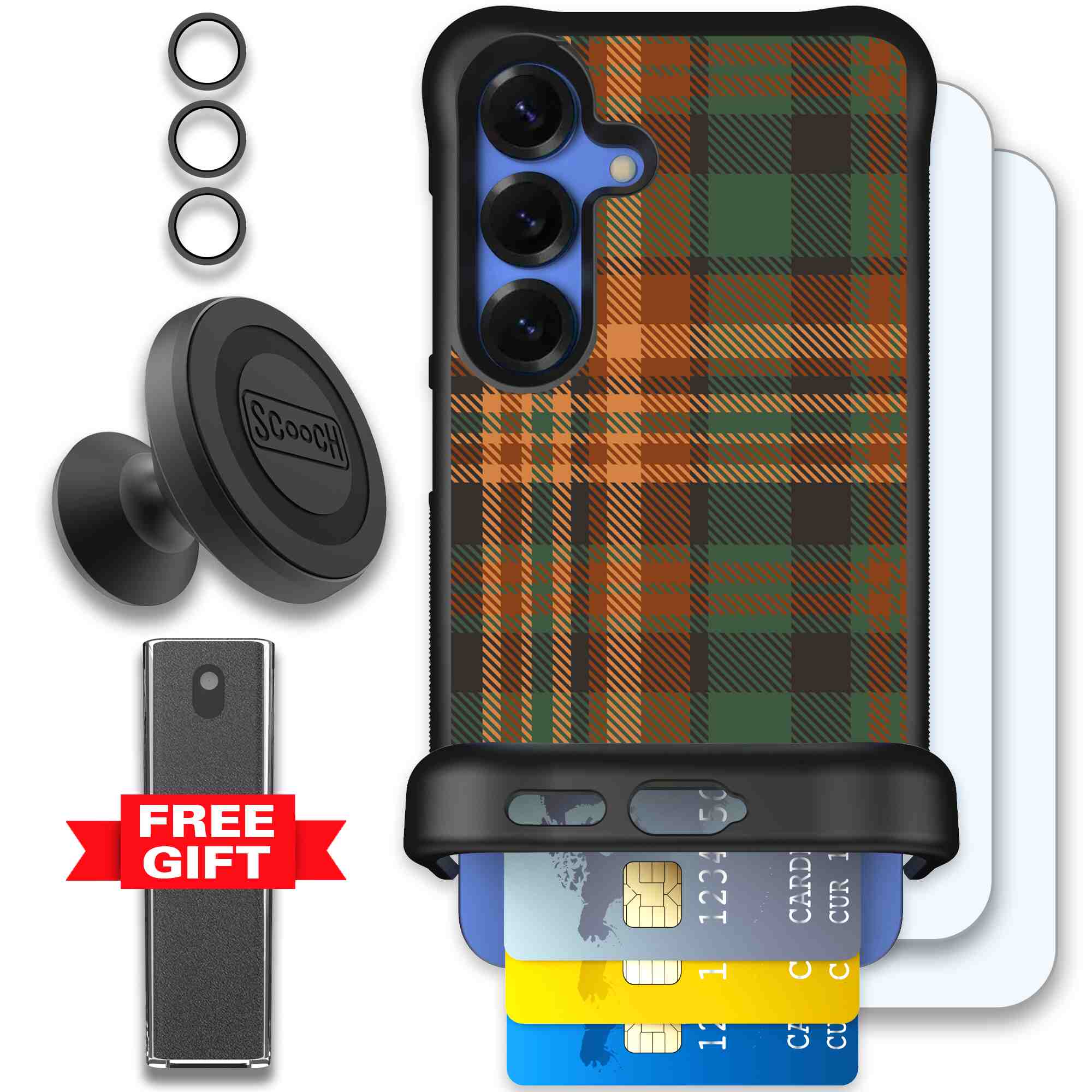 Fall Flannel orange and brown plaid pattern on a Scooch Wingmate case for Galaxy S25 - Defender Bundle