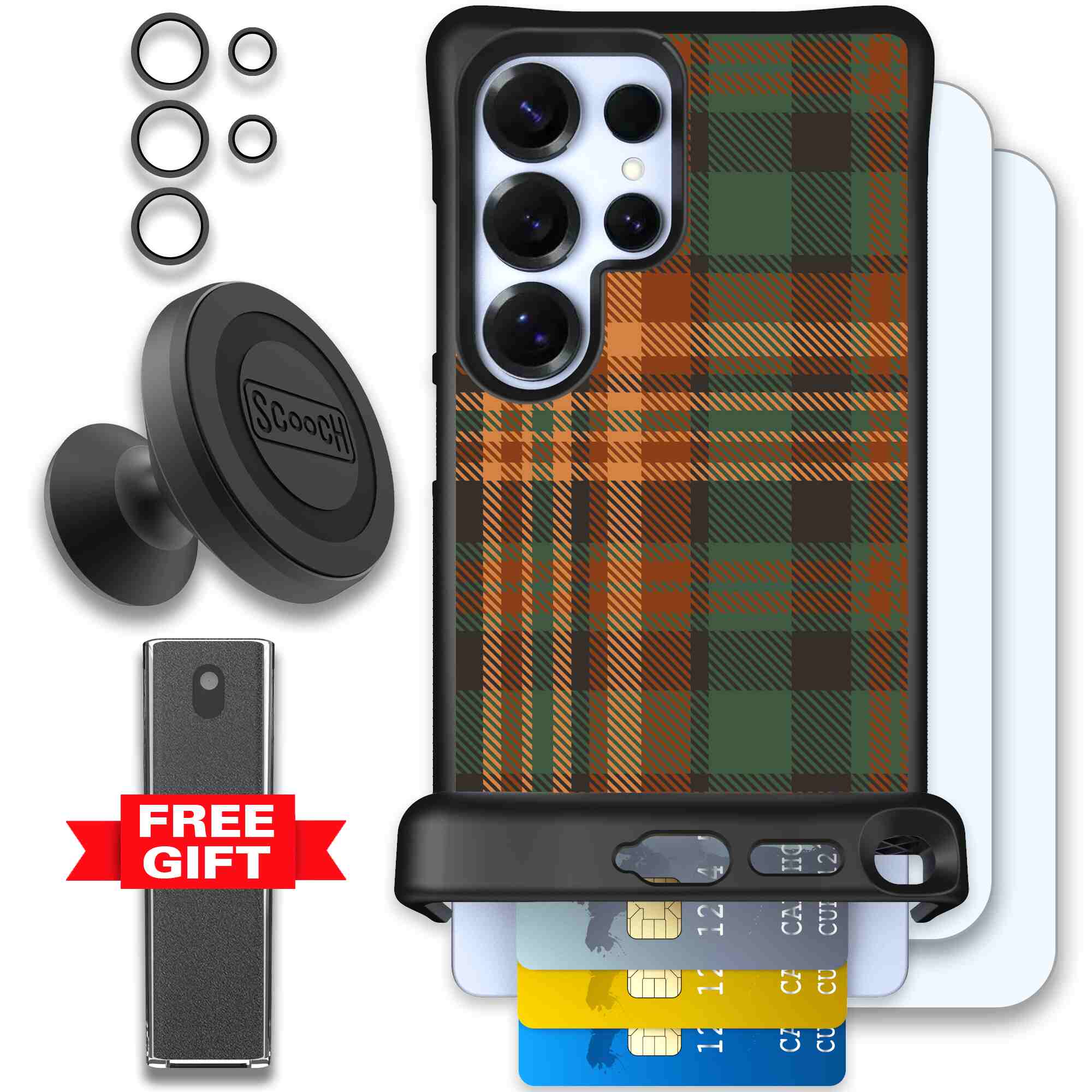 Fall Flannel orange and brown plaid pattern on a Scooch Wingmate case for Galaxy S25 Ultra - Defender Bundle