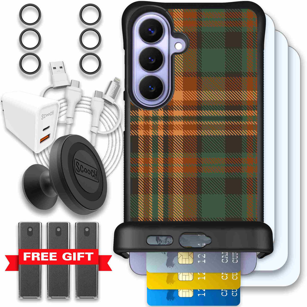 Fall Flannel orange and brown plaid pattern on a Scooch Wingmate case for Galaxy S26+ - Ultimate Bundle