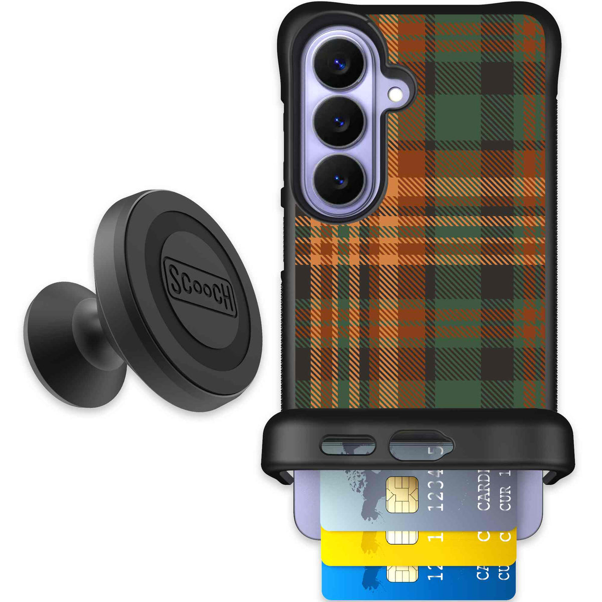 Fall Flannel orange and brown plaid pattern on a Scooch Wingmate case for Galaxy S26 - Starter Bundle