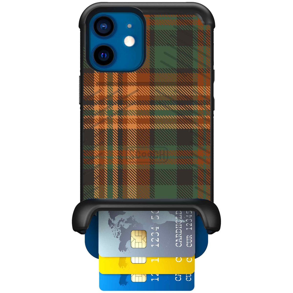 Fall Flannel orange and brown plaid pattern on a Scooch Wingmate case for iPhone 12