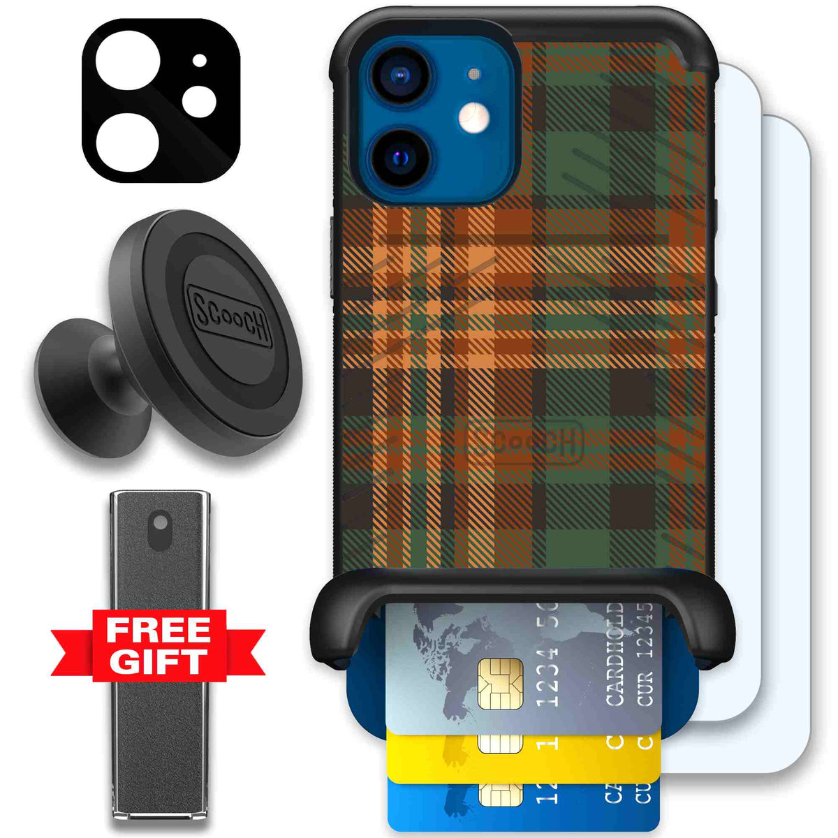 Fall Flannel orange and brown plaid pattern on a Scooch Wingmate case for iPhone 12 - Defender Bundle