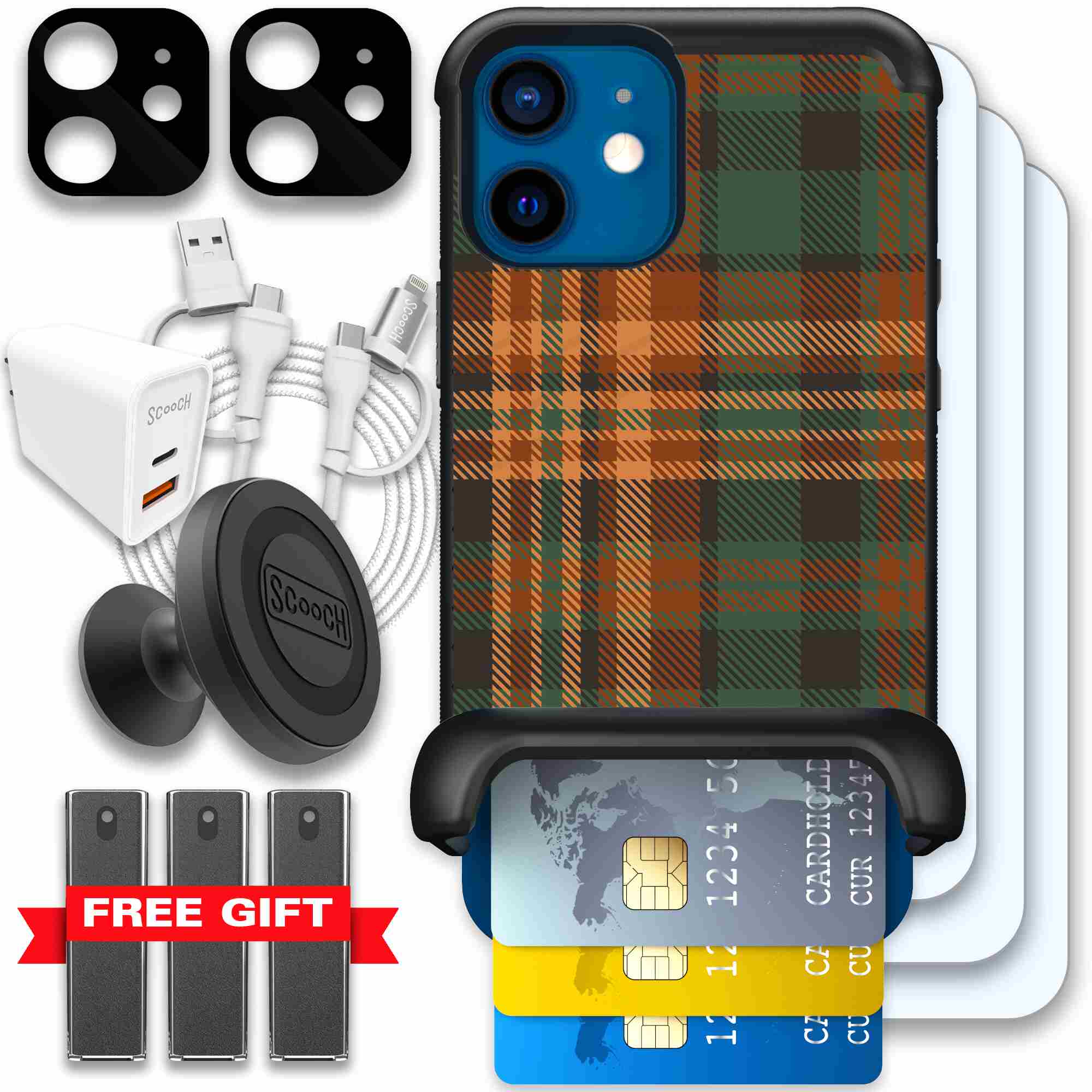 Fall Flannel orange and brown plaid pattern on a Scooch Wingmate case for iPhone 12 mini - Ultimate Bundle