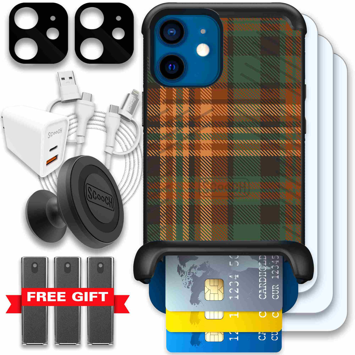 Fall Flannel orange and brown plaid pattern on a Scooch Wingmate case for iPhone 12 - Ultimate Bundle