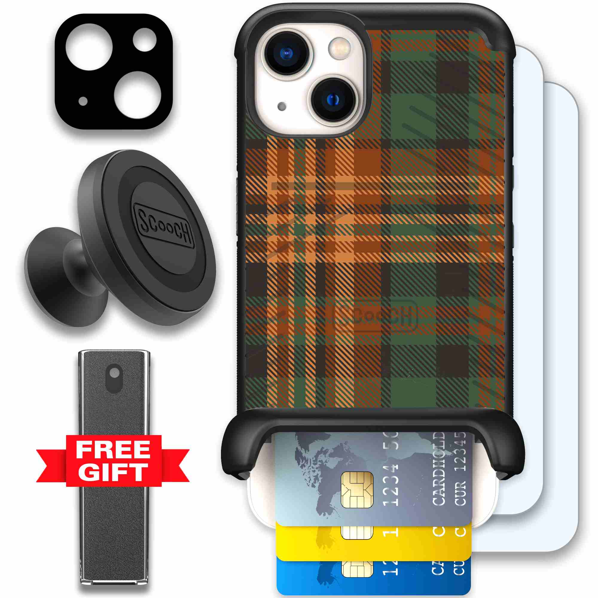Fall Flannel orange and brown plaid pattern on a Scooch Wingmate case for iPhone 13 - Defender Bundle