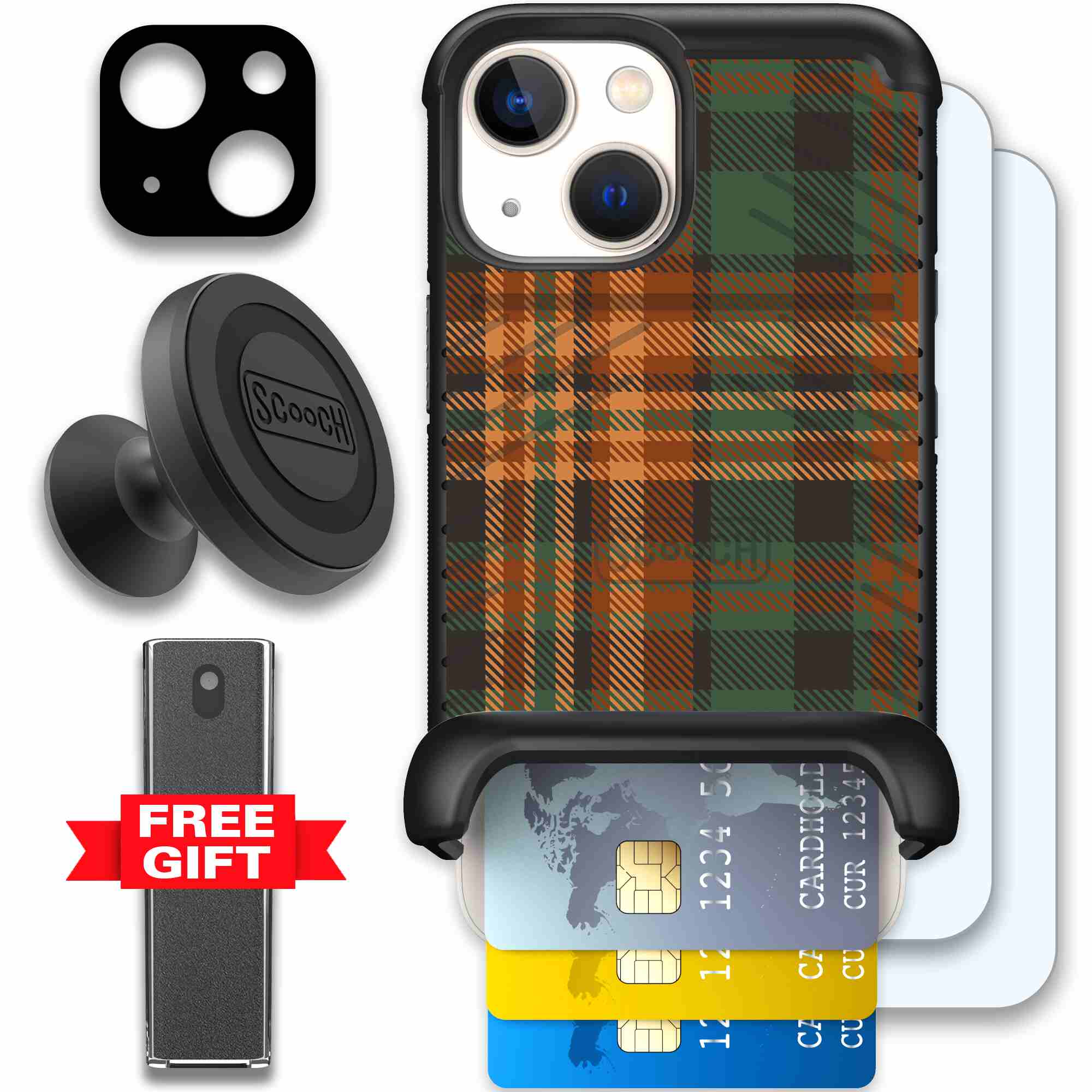 Fall Flannel orange and brown plaid pattern on a Scooch Wingmate case for iPhone 13 mini - Defender Bundle