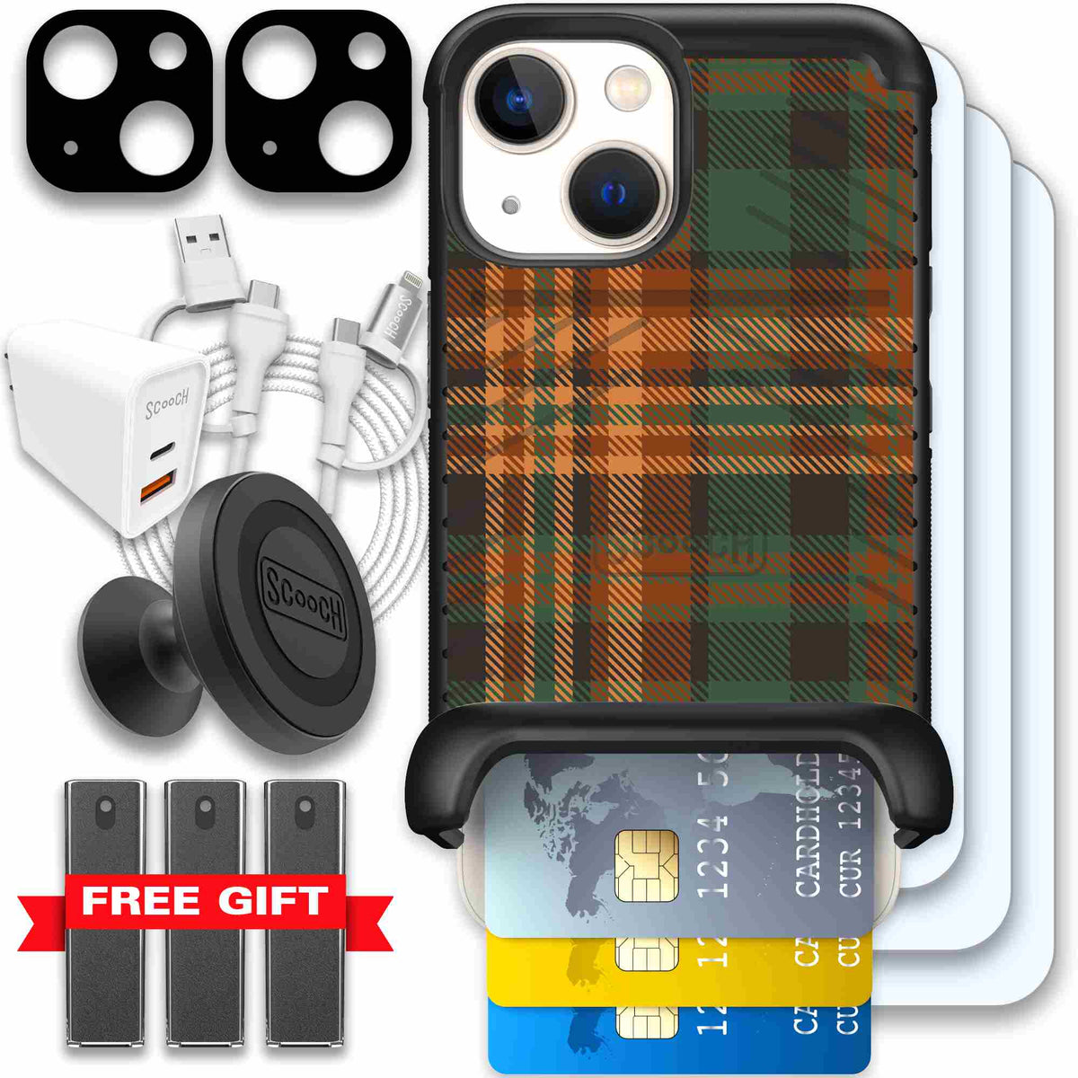 Fall Flannel orange and brown plaid pattern on a Scooch Wingmate case for iPhone 13 mini - Ultimate Bundle