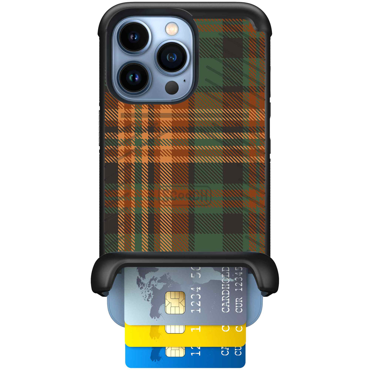Fall Flannel orange and brown plaid pattern on a Scooch Wingmate case for iPhone 13 Pro