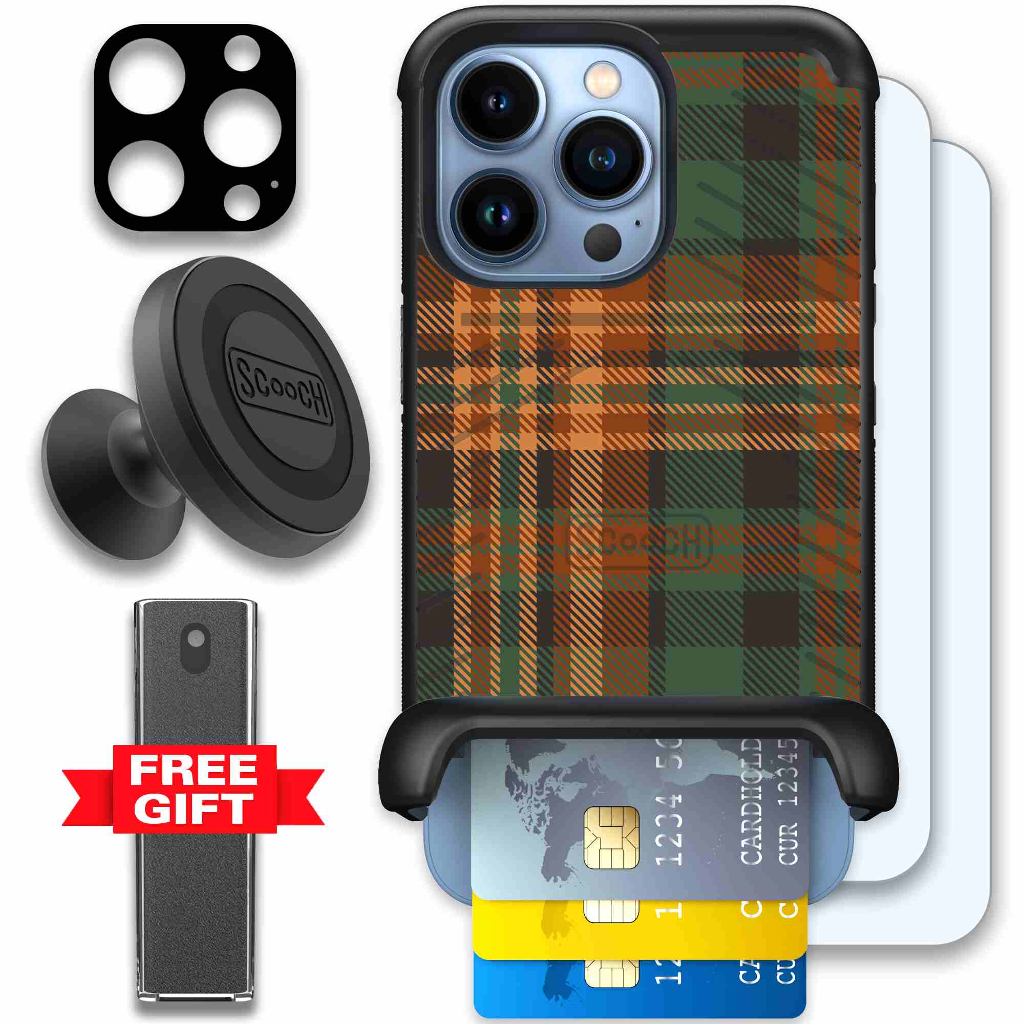 Fall Flannel orange and brown plaid pattern on a Scooch Wingmate case for iPhone 13 Pro - Defender Bundle