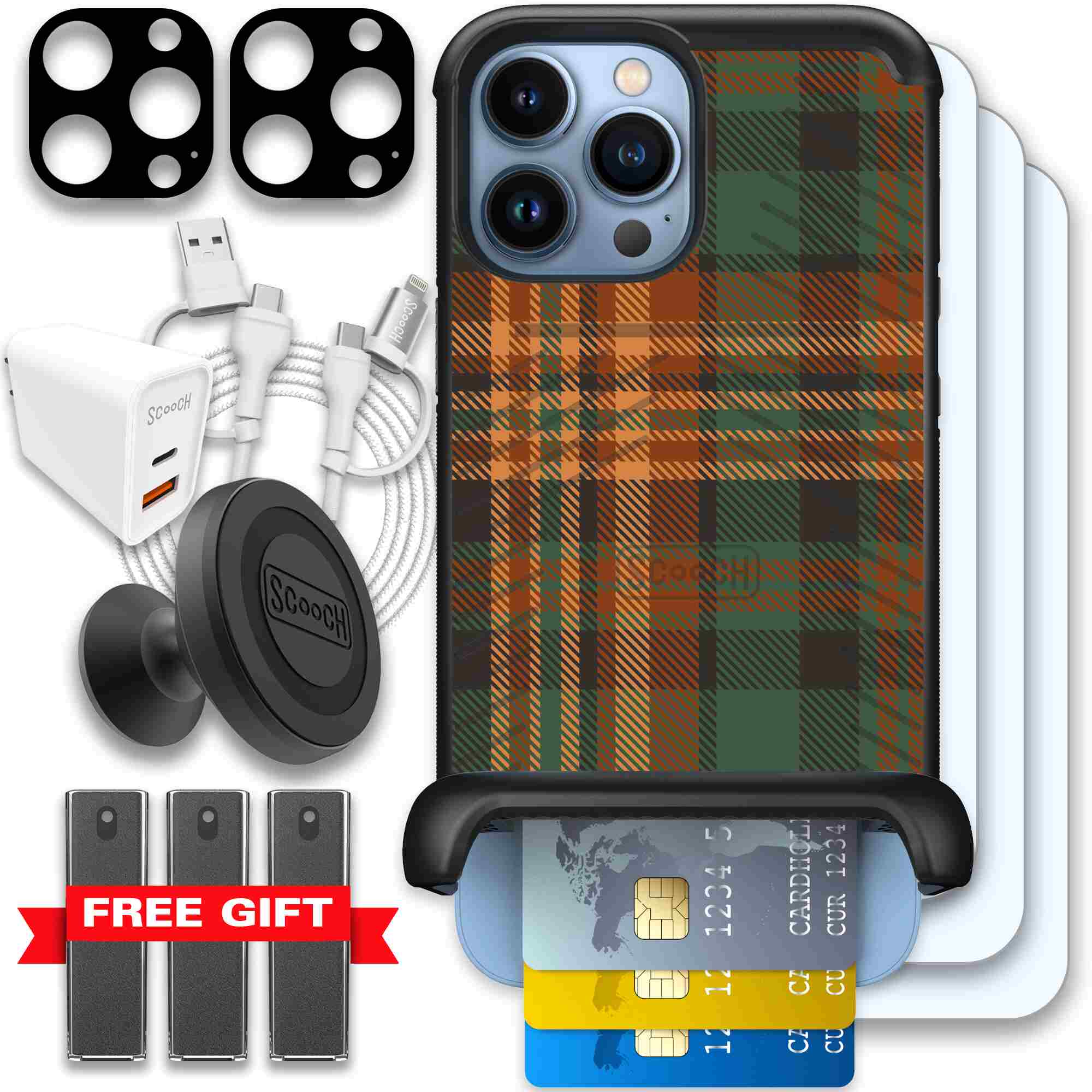Fall Flannel orange and brown plaid pattern on a Scooch Wingmate case for iPhone 13 Pro Max - Ultimate Bundle