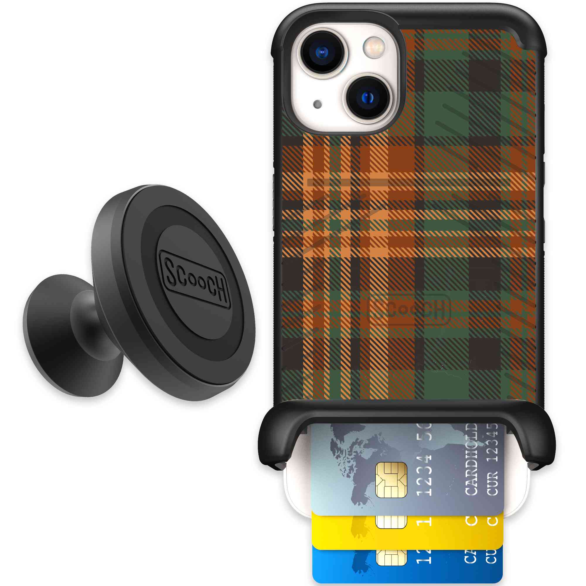 Fall Flannel orange and brown plaid pattern on a Scooch Wingmate case for iPhone 13 - Starter Bundle