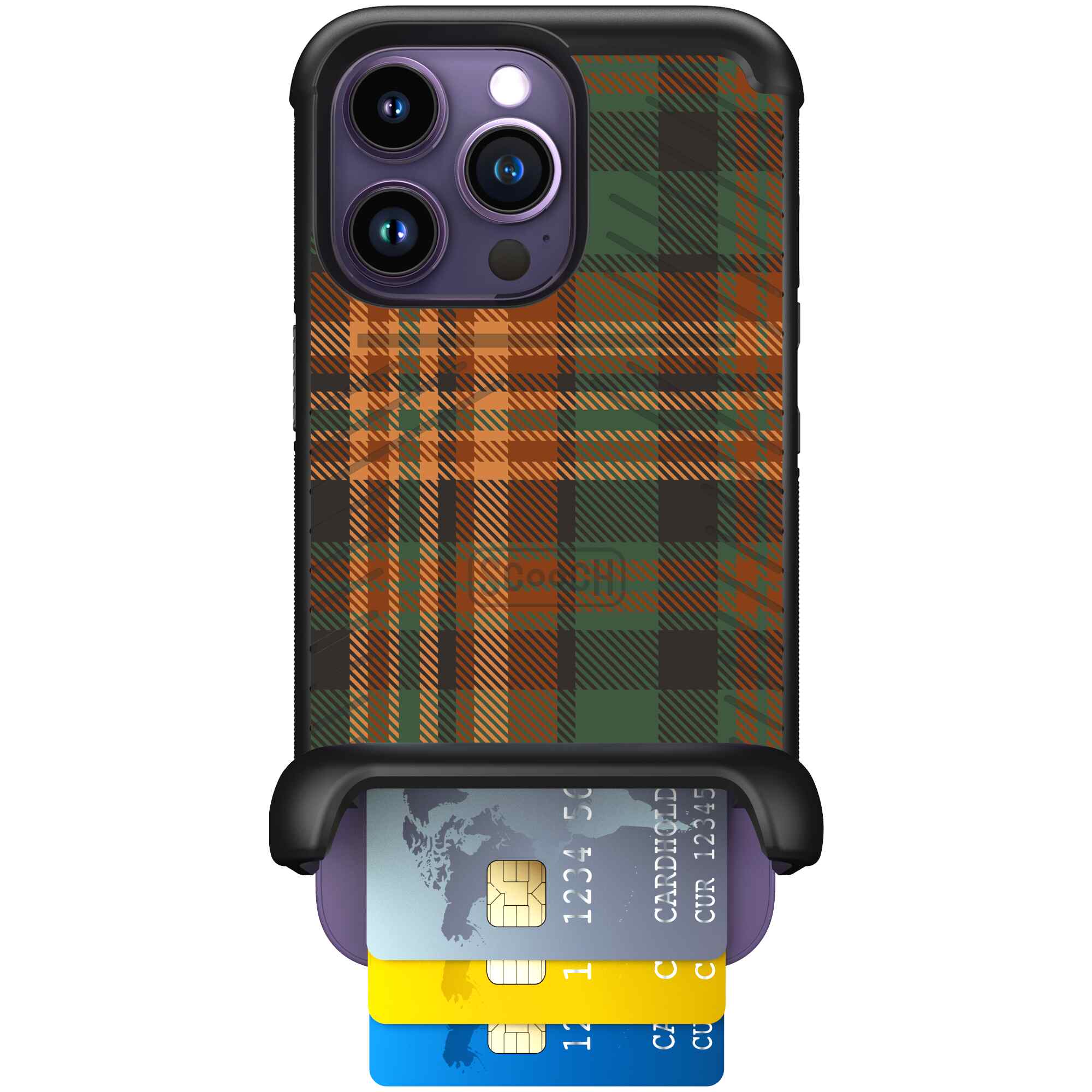 Fall Flannel orange and brown plaid pattern on a Scooch Wingmate case for iPhone 14 Pro